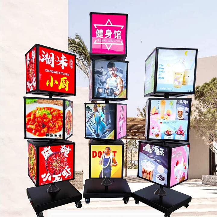 LED Advertising Menu Board, Floor Standing Cube, Four Sided Vertical Rotating Lightbox, Lighting Display Board
