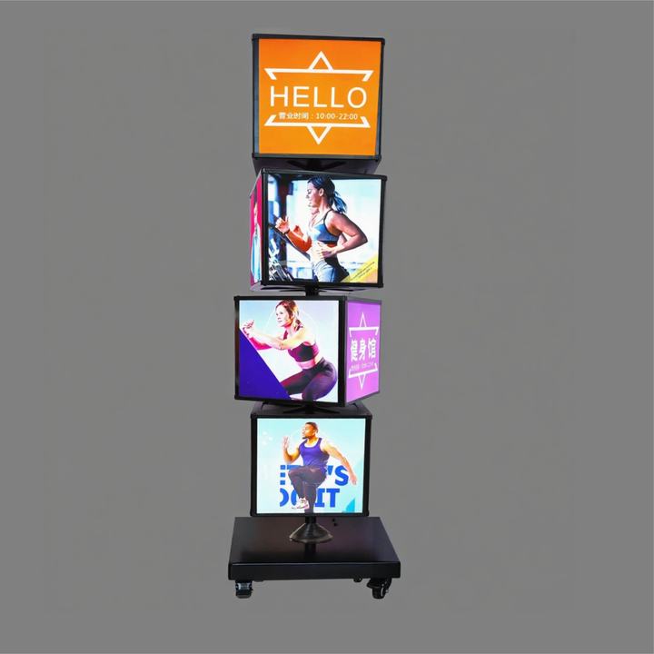 LED Advertising Menu Board, Floor Standing Cube, Four Sided Vertical Rotating Lightbox, Lighting Display Board