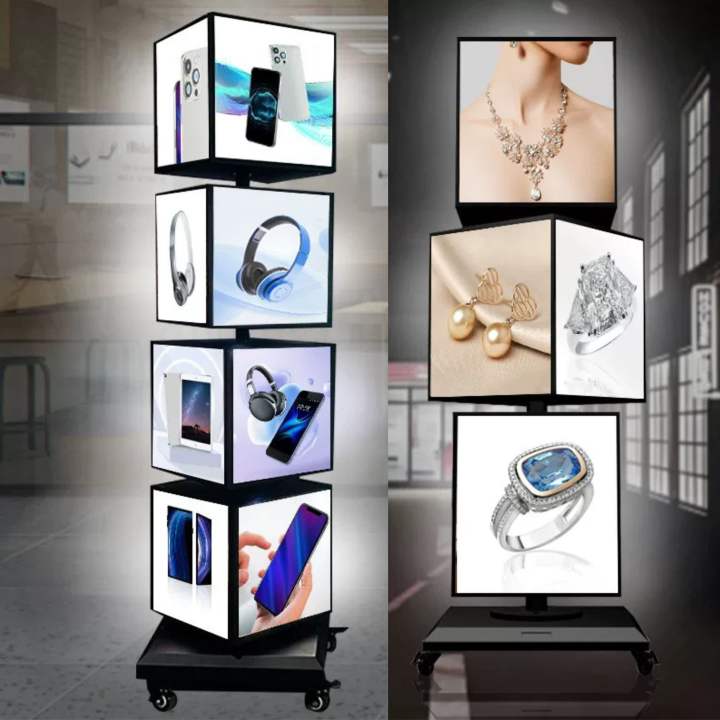 LED Advertising Menu Board, Floor Standing Cube, Four Sided Vertical Rotating Lightbox, Lighting Display Board
