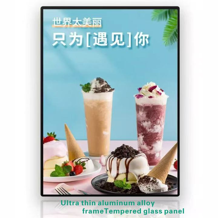 Customized 12V Restaurant LED Menu Board Advertising Light Box Rectangle Shape Aluminum Frame Tempered Glass Decorative Hanging