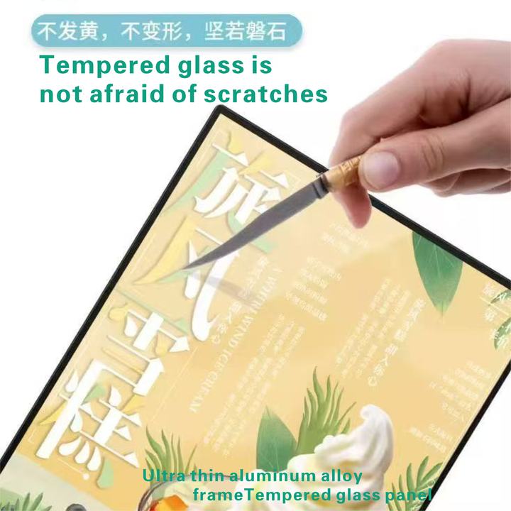 Customized 12V Restaurant LED Menu Board Advertising Light Box Rectangle Shape Aluminum Frame Tempered Glass Decorative Hanging